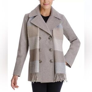 London Fog Double-Breasted Plaid-Scarf Wool Blend Peacoat SZ L